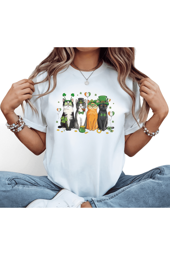 Soft Breathable St Patrick Day Cat Group Leprechaun Hat Clover Pot Of Gold Graphic Tees Shirts Tops Short Sleeve White S-5XL