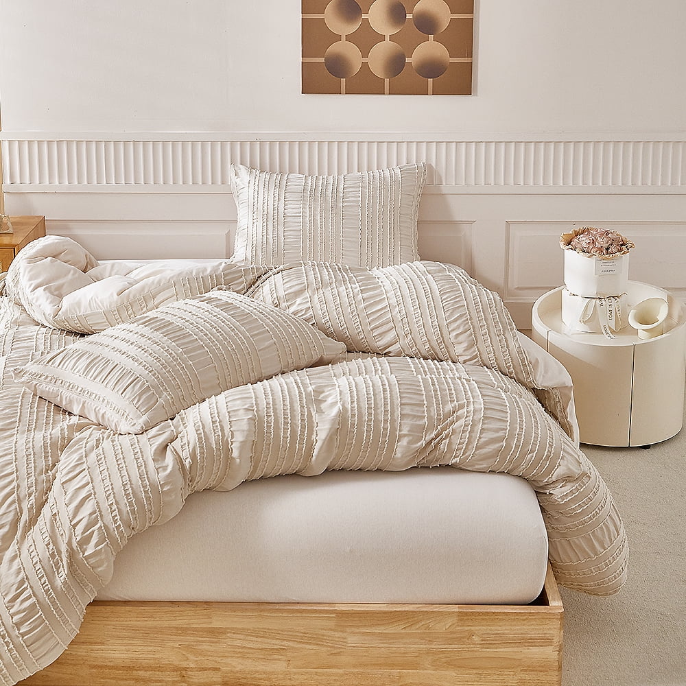 Soft Breathable Striped Textured Duvet Cover Bedding Khaki King Size