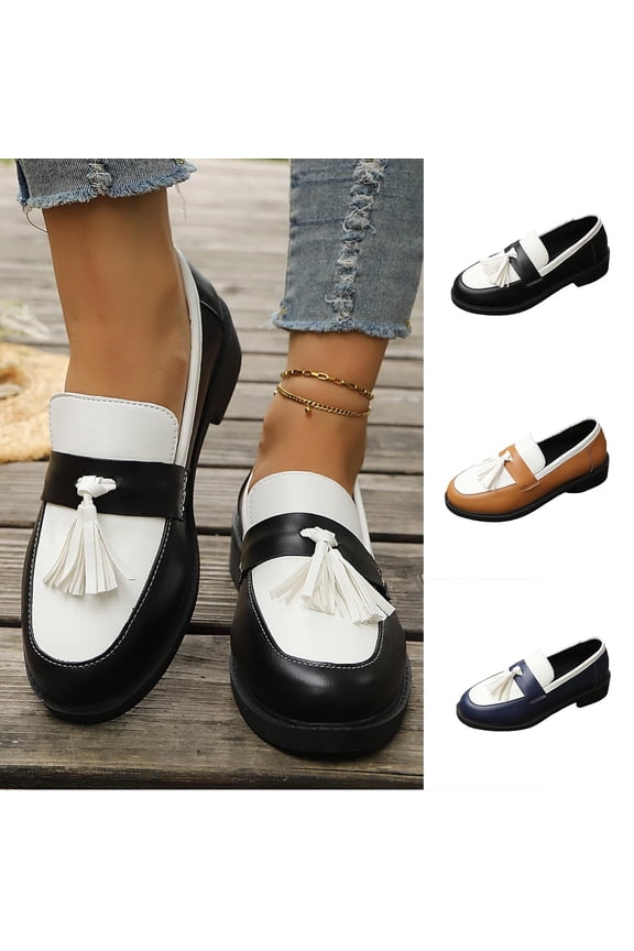 Soft Breathable Two Tone Tassel Platform Loafers Women Shock Absorb Thick Cushion Sole Spring Fall School office Comfort Shoes Navy 9(43)