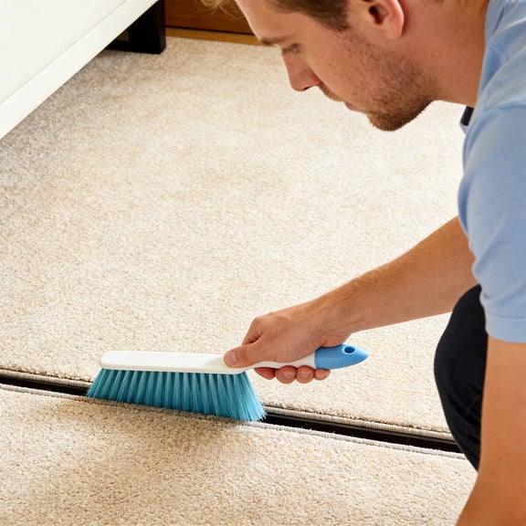 Soft Bristle Bed Brush, Multi Purpose Upholstery Cleaner & Dust Remover Brush for Carpet, Rug, Blanket, Bedding, Clothing, Furniture & Fabric Surface Cleaning, Plastic Handle (Blue)