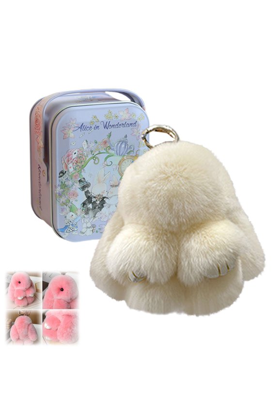 Soft Bunny Keychain 5.8 Inches, Cute Lulu Plush Rabbit Charm with Tin Box, Fluffy Stuffed Animal Keyring for Bags Backpack Purse, 10 Colors Easter Gift for Women Girls(1PC,Off-white)