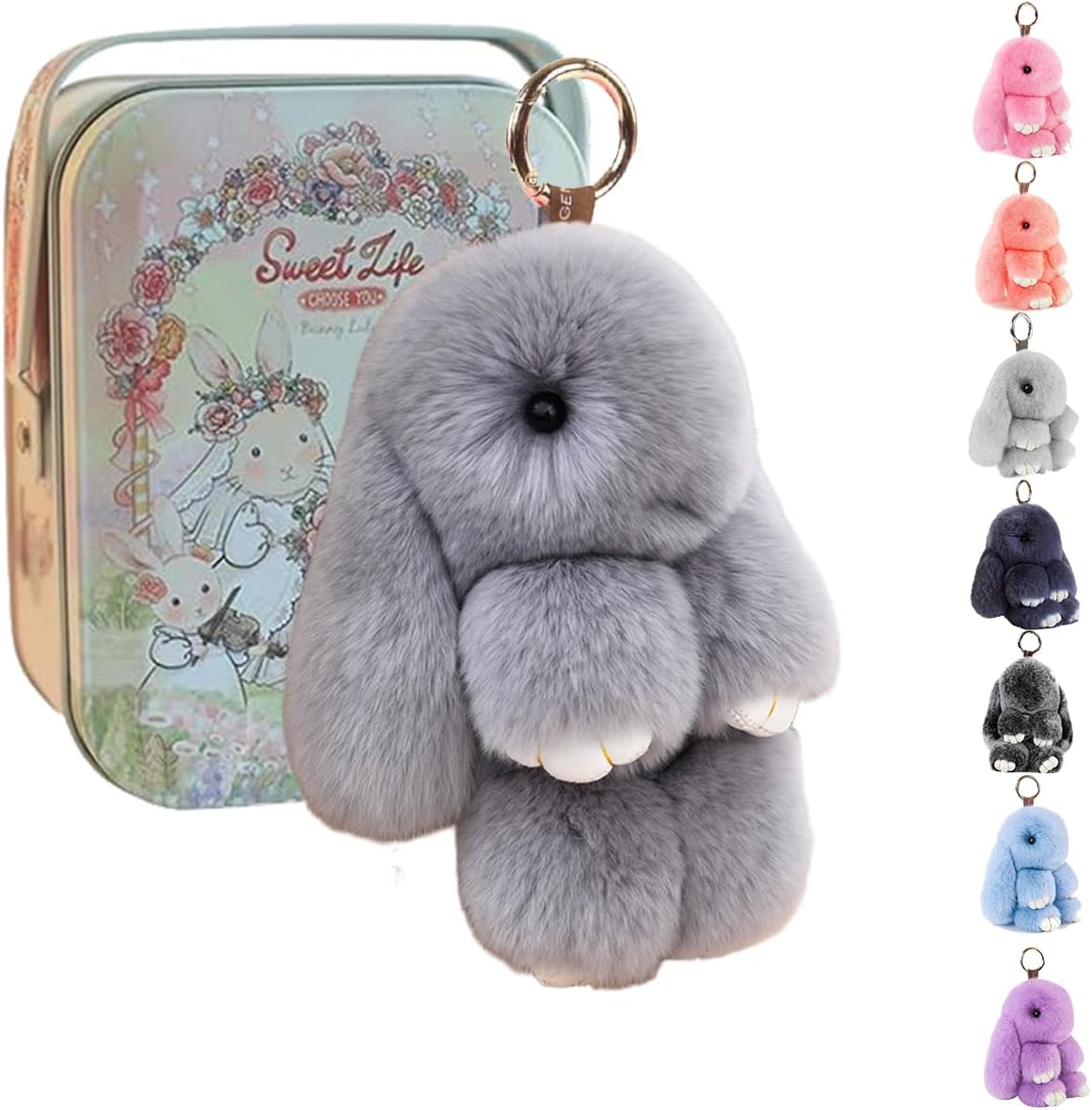 Soft Bunny Keychain,Cute Lulu Keychain with Tin，Handmade Soft Pompom ...