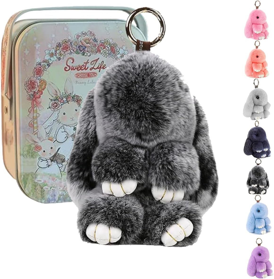 Soft Bunny Keychain,Cute Lulu Keychain with Tin，Handmade Soft Pompom ...