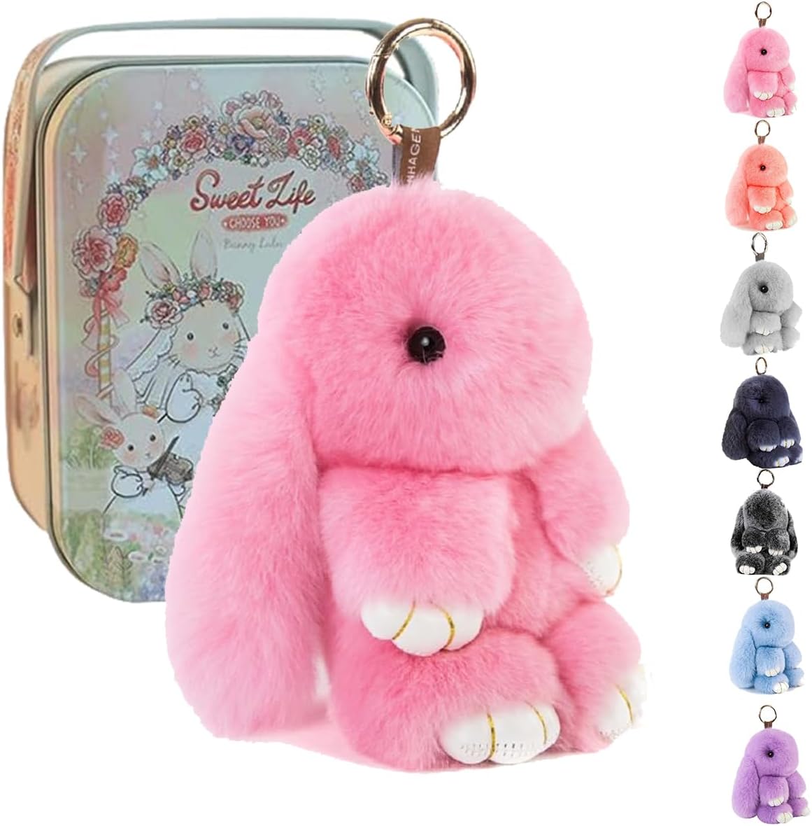 Soft Bunny Keychain,Cute Lulu Keychain with Tin，Handmade Soft Pompom ...