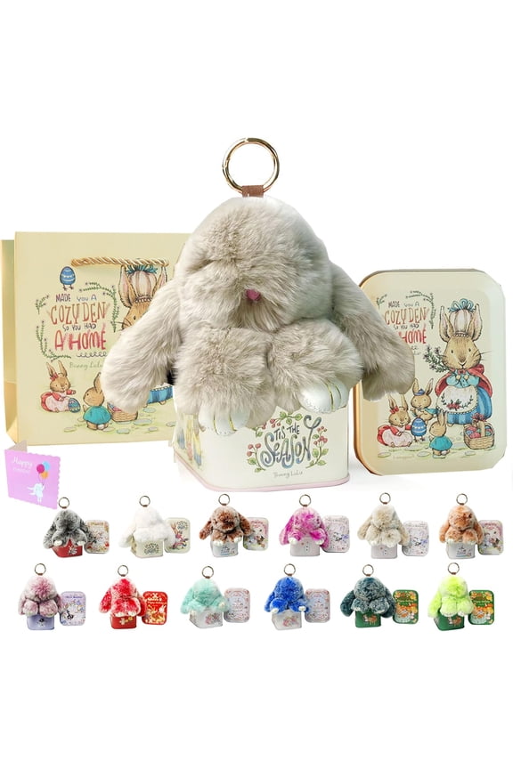 Soft Bunny Keychain with Tin,Cute Easter Gift Plush Keychain for Backpack,Bag Charm Gift Key Chain （Beige）