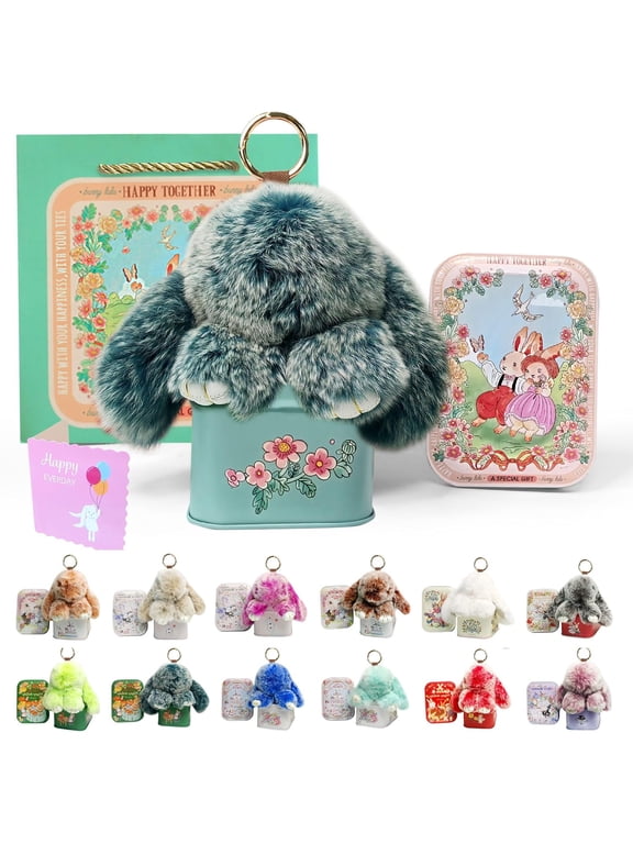 Soft Bunny Keychain with Tin,Cute Easter Gift Plush Keychain for Backpack,Bag Charm Gift Key Chain (Green)