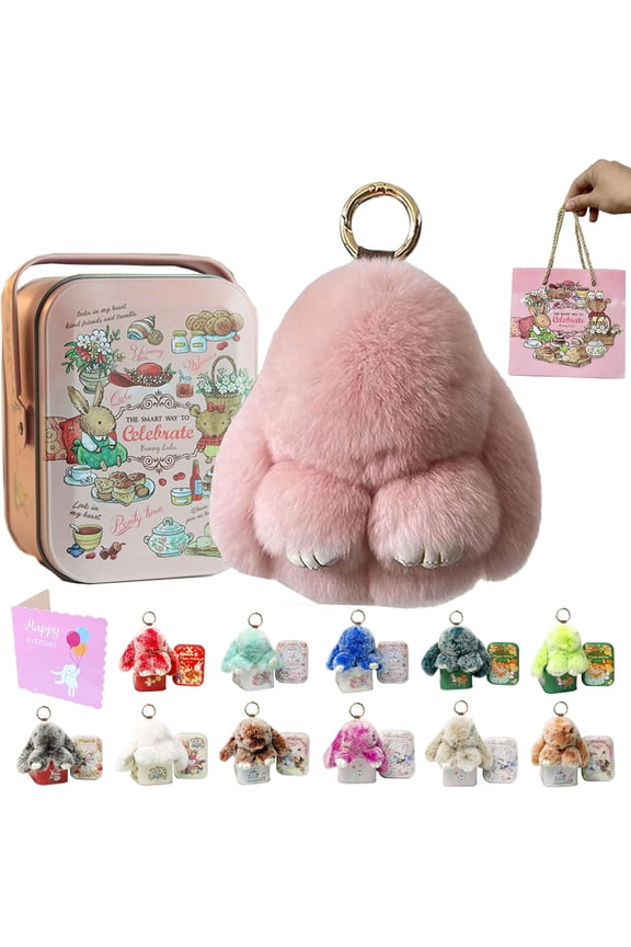 Soft Bunny Keychain with Tin,Cute Easter Gift Plush Keychain for Backpack,Bag Charm Gift Key Chain (Pink)