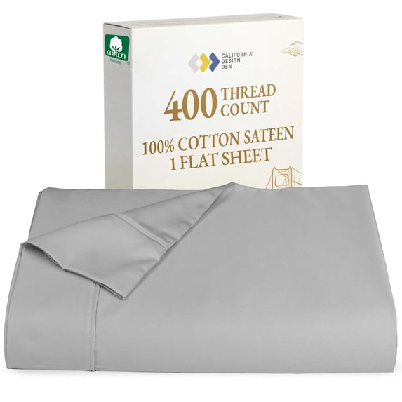 Soft Cal King Flat Sheet Only Blue Durable, 100% Cotton Sheet , 400 Thread Count Sateen, Smooth & Breathable Top Sheet Only (Light Grey)