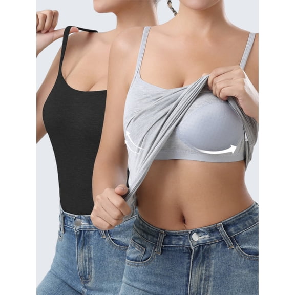 2 Pack Women'S Tank Tops With Built-in Bra Comfortable and Breathable, Suitable for Both Outer and Inner Wear With thin Spaghetti Straps M
