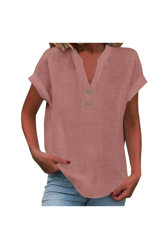 Soft Cap Sleeve T Shirts for Womens Cotton Linen Relaxed Fit Tops V Neck with Button Casual Travel Blouses