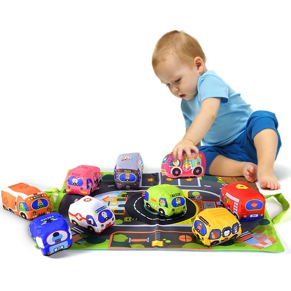 Soft Car Toy Set with Play Mat for 1 Year Old Baby,toddlers,boys and girls ( 9 vehicle and a play mat/storage bag) | baby toys 12-18 months| toys for 1 year old boy