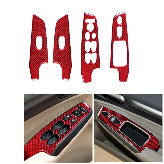 Soft Carbon Fiber Car Interior Decor Kits 4Pcs For Honda Civic 8th 2006-11 Red Carbon Fiber Window Control Cover Trim Sticker