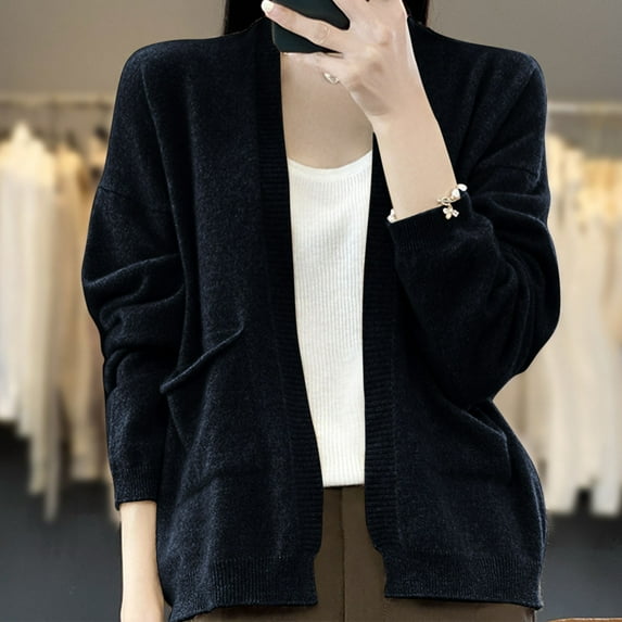 Soft Cardigans for Women 2024 Fall Winter Basic Long Sleeve Knit Open Front Sweaters Cardigan Black L