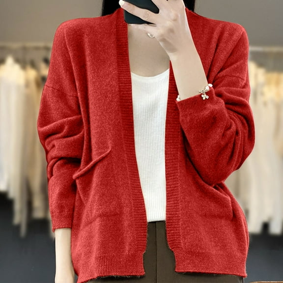 Soft Cardigans for Women 2024 Fall Winter Basic Long Sleeve Knit Open Front Sweaters Cardigan Red XXL