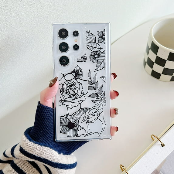 Soft Case Compatible with Samsung Galaxy S24 Plus, Clear Floral Pattern Print Design Flexible TPU Shockproof Slim Cover for Women Girls, Flower Protective Phone Case for S24 Plus, Flower-C