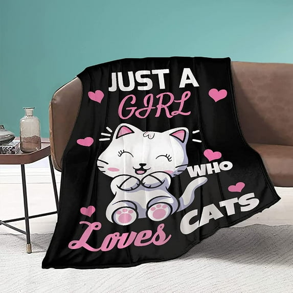Soft Cat Blanket Just Girl Loves Cats Fluffy Plush Blanket Cute Animal Pattern Throw Blankets for Girl Bed Couch Chair Cat Lover Gifts 60"x50" Medium for Boys Girls