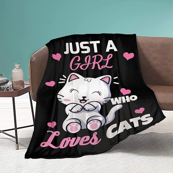 Soft Cat Blanket Just Girl Loves Cats Fluffy Plush Blanket Cute Animal Pattern Throw Blankets for Girl Bed Couch Chair Cat Lover Gifts 80"x60"