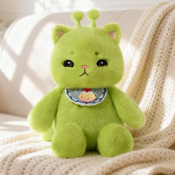 Soft Cat Stuffed Animal Plush Toyss Sprinting Posture Kitten with Bib for Room Decor and Cuddling, Green 13 Inch