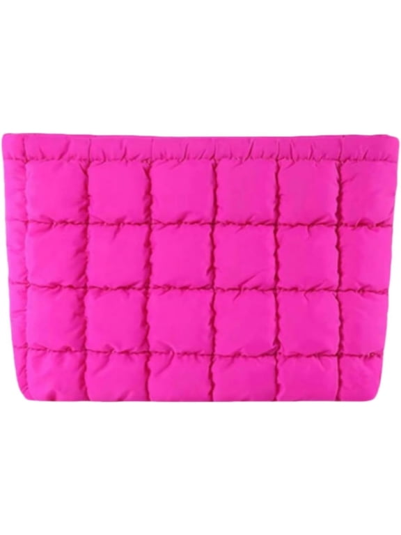Soft Checkered Quilted Puffy Makeup Bag for Women, Aesthetic Puffer Cosmetic Bag Pouch for Purse (Hot Pink)
