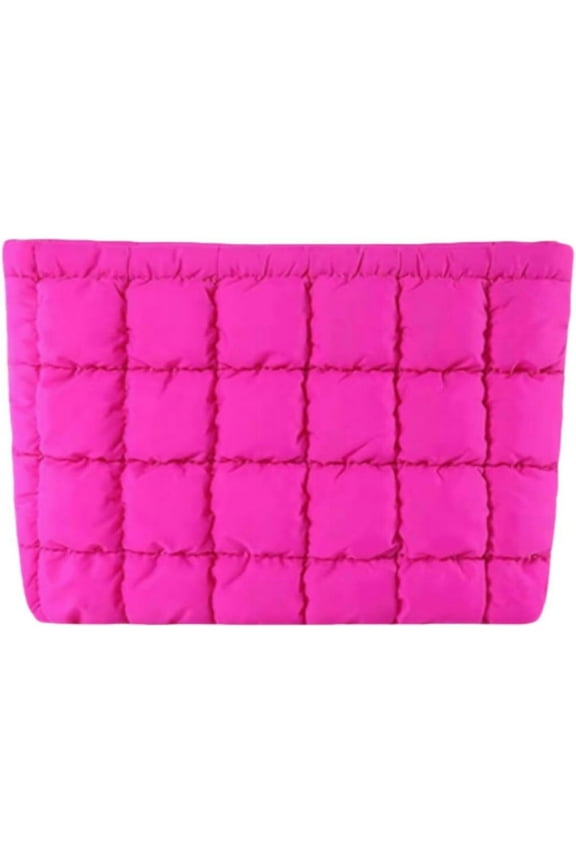 Soft Checkered Quilted Puffy Makeup Bag for Women, Aesthetic Puffer Cosmetic Bag Pouch for Purse (Hot Pink)