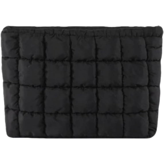 Black Quilted Puffer Makeup Bag, Soft Nylon Cosmetic Pouch for Women