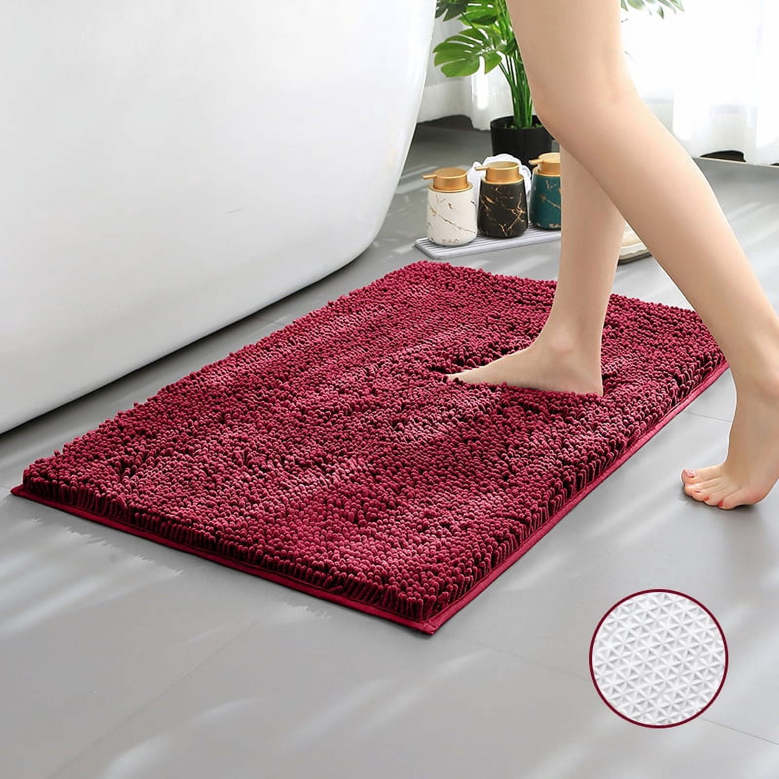 Soft Chenille Bathroom Rugs Absorbent Shaggy Bath Mat Washable Plush Bathroom Floor Mat, claret ...