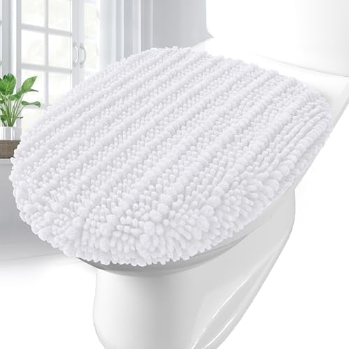 Soft Chenille Bathroom Toilet Lid Cover 17.5x15, Machine Washable Seat Covers, Stays in Place Non-Slip Backing, Fits Most Round, Elongated and Oblong Lids, Accessories Decor, White