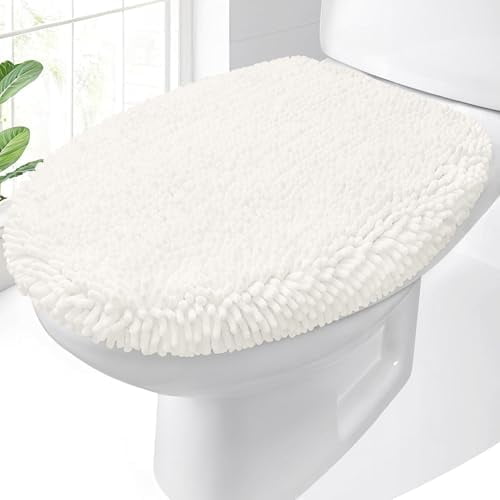 Soft Chenille Bathroom Toilet Lid Cover, Machine Washable Seat Covers, 17.5x15, Stays in Place Rubber Backing, Fits Most Round, Elongated and Oblong Lids, Accessories Decor, Ivory
