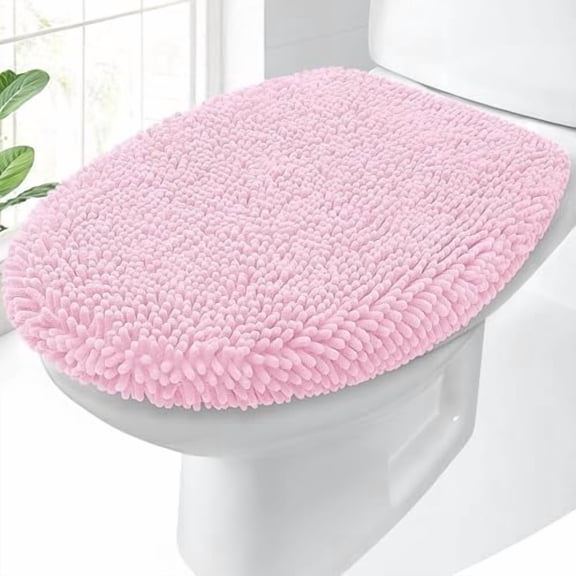 Soft Chenille Bathroom Toilet Lid Cover, Machine Washable Seat Covers, 17.5x15, Stays in Place Rubber Backing, Fits Most Round, Elongated and Oblong Lids, Accessories Decor, Pink