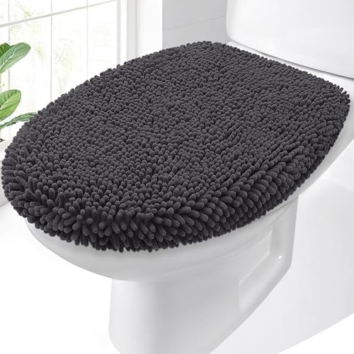 Soft Chenille Bathroom Toilet Lid Cover, Machine Washable Seat Covers, 17.5x15, Stays in Place Rubber Backing, Fits Most Round, Elongated and Oblong Lids, Accessories Decor, Dark Gray