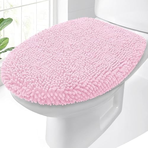 Soft Chenille Bathroom Toilet Lid Cover, Machine Washable Seat Covers, 17.5x15, Stays in Place Rubber Backing, Fits Most Round, Elongated and Oblong Lids, Accessories Decor, Pink