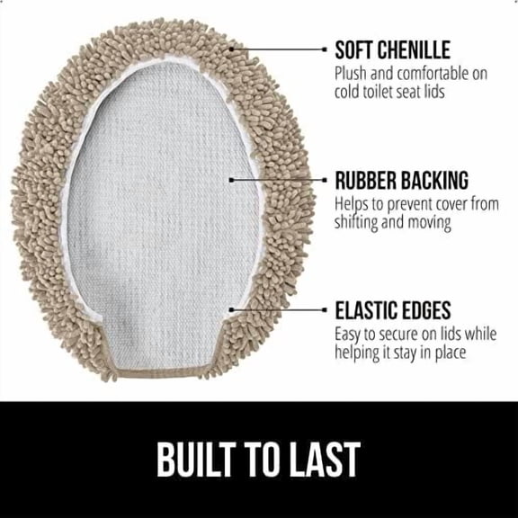 Soft Chenille Bathroom Toilet Lid Cover, Machine Washable Seat Covers, 19.5x18.5, Stays in Place Rubber Backing, Fits Most Round, Elongated and Oblong Lids, Accessories Decor, Gray Beige