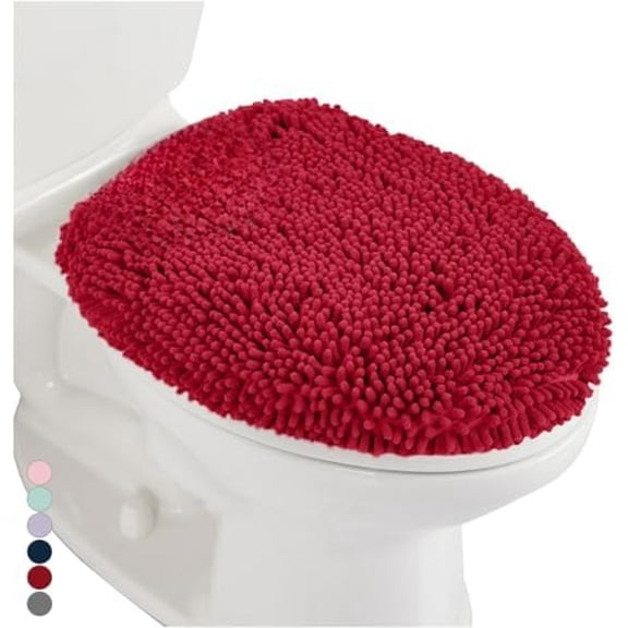 Soft Chenille Bathroom Toilet Lid Cover, Machine Washable Seat Covers, 19.5x18.5, Stays in Place Rubber Backing, Fits Most Round, Elongated and Oblong Lids, Accessories Decor, Red