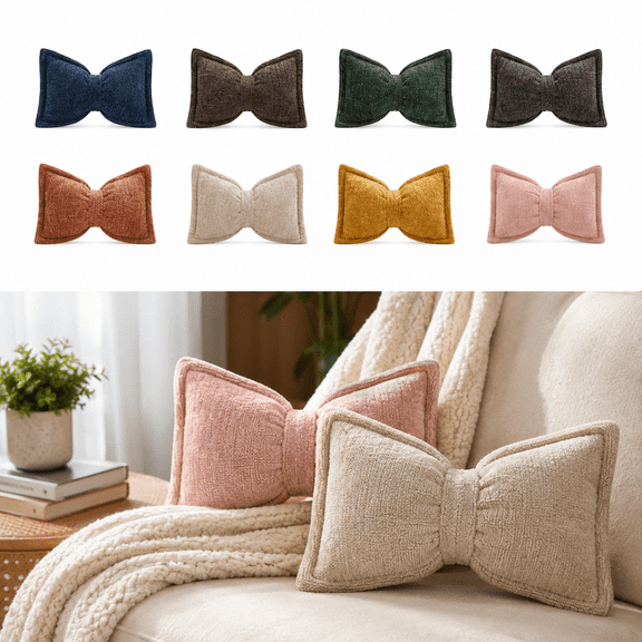 Soft Chenille Bow-Shaped Throw Pillow, Decorative Sofa Accent Pillow with Bow Design, Plush Chenille Knot Cushion for Bed Couch Chair Living Room Bedroom Decoration, Brown
