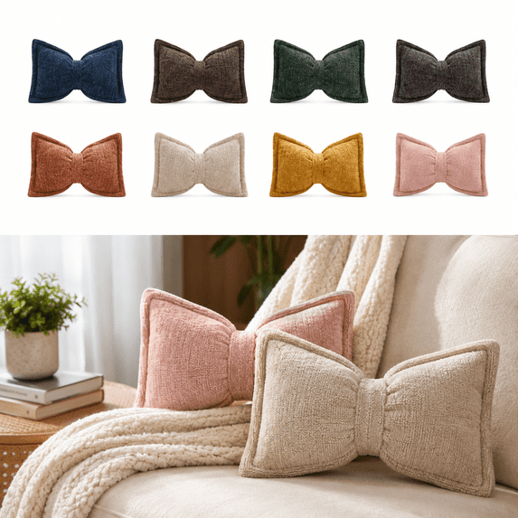 Soft Chenille Bow-Shaped Throw Pillow, Decorative Sofa Accent Pillow with Bow Design, Plush Chenille Knot Cushion for Bed Couch Chair Living Room Bedroom Decoration, Blue