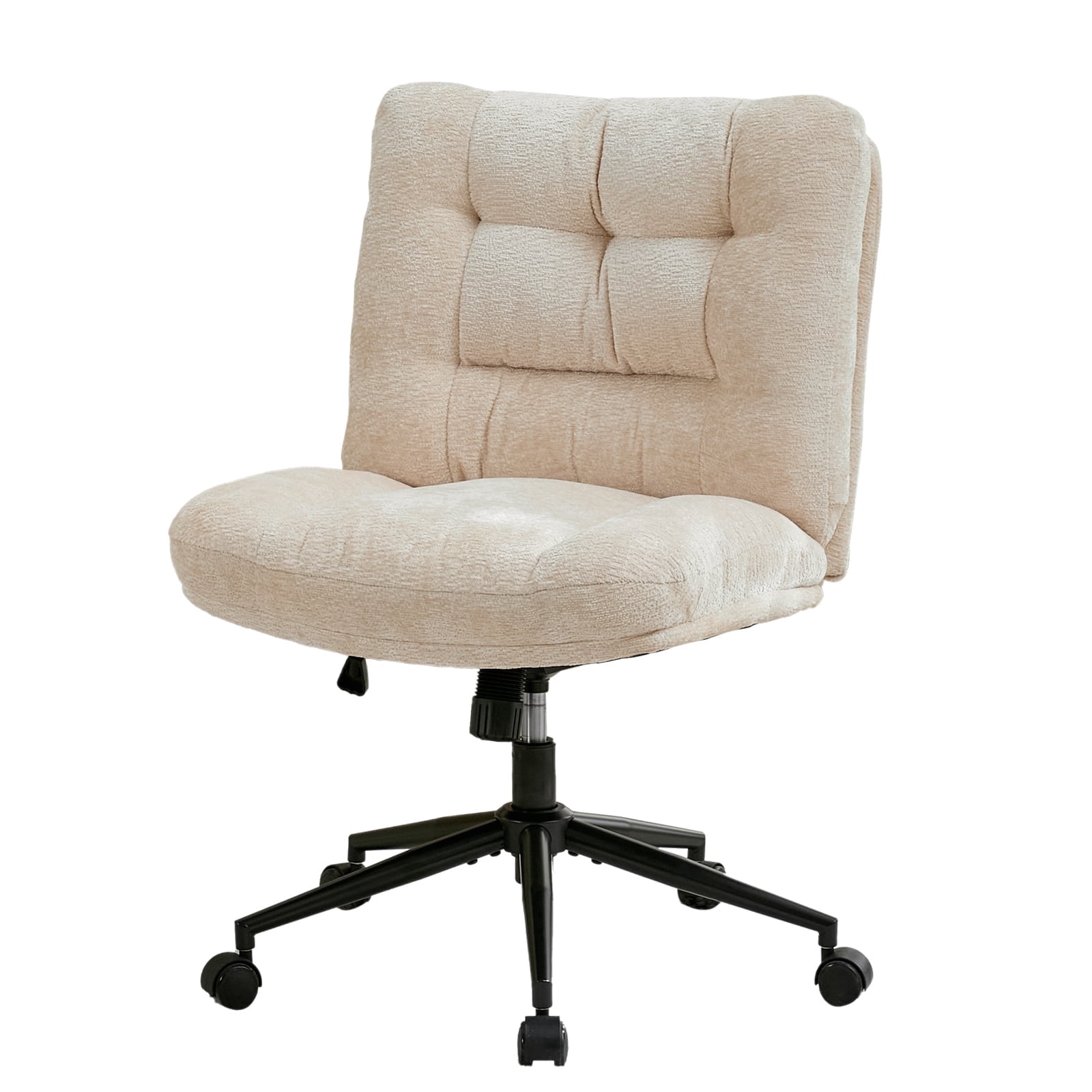 Soft Chenille Cross-Legged Office Chair,Wide Seat Armless Desk Chair with Double Cushion, Swivel Adjustable Vanity Chair for Bedroom, Home Office, White,EliteEdge