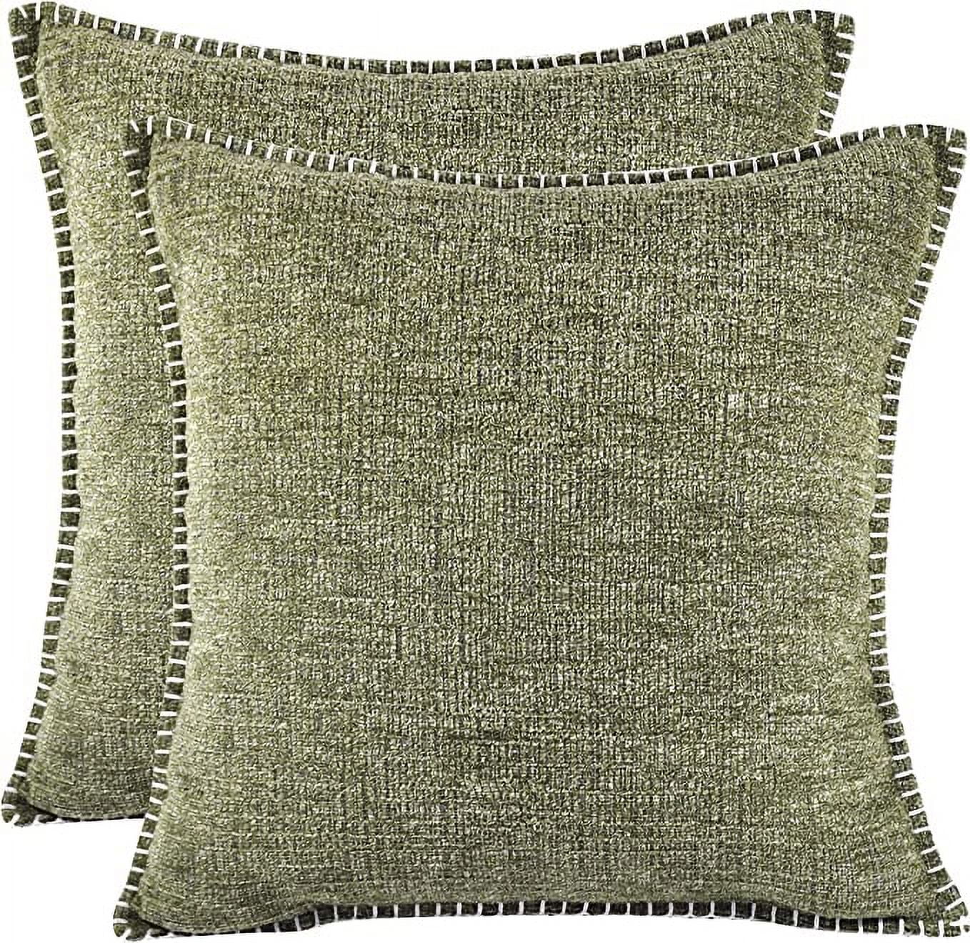 Olive Green Chenille Square Throw Pillow Covers Set with Piped Edges
