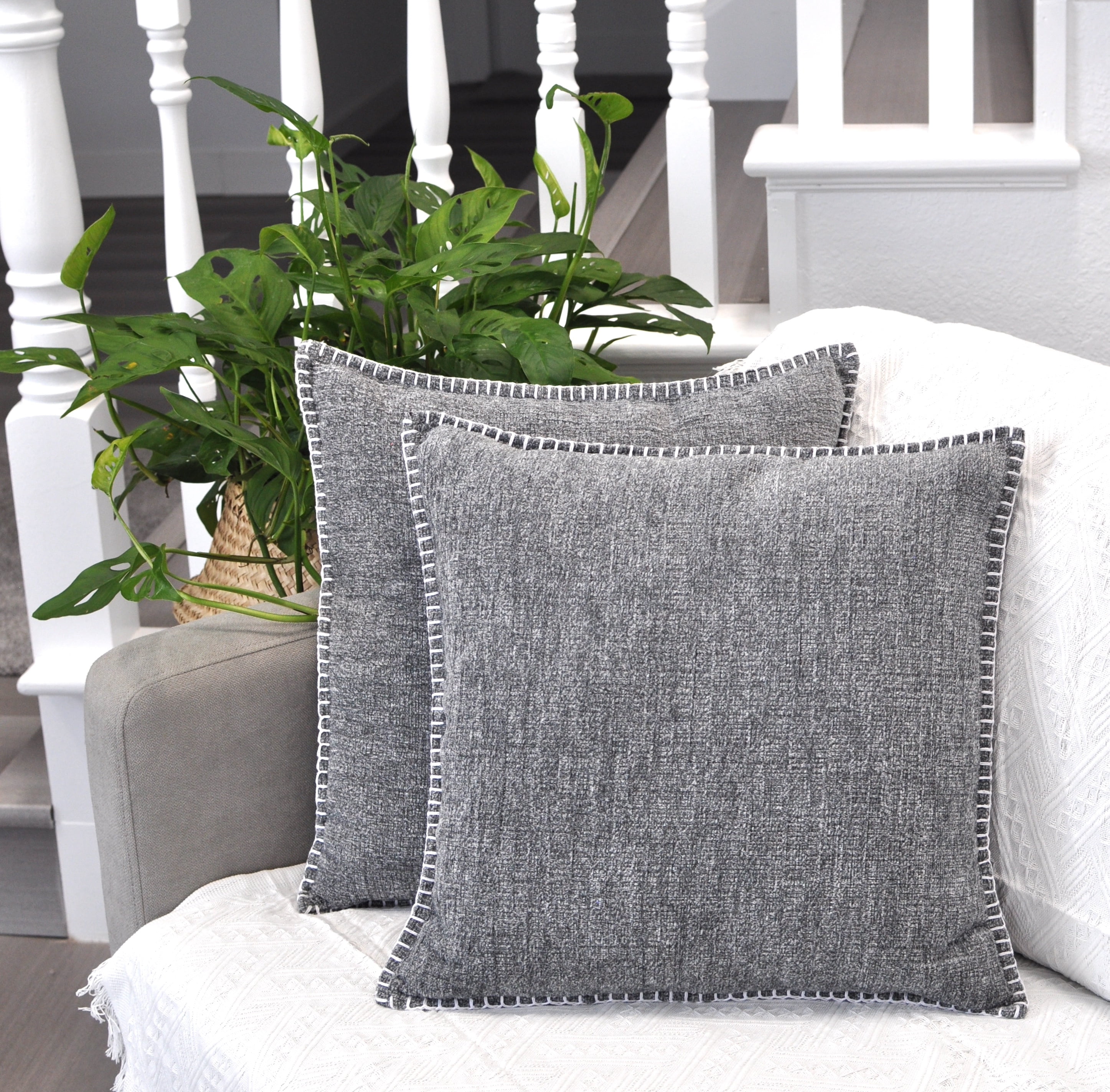 Heather Gray Chenille 16" x 16" Throw Pillow Covers with Stitched Edge (Set of 2)