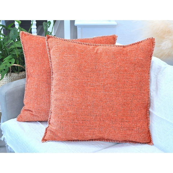 Soft Chenille Textured Pillow Covers With Stitched Edge 22 x 22 inch Set of 2 , Heather Orange / Cozy Cushion Covers / Modern Square Pillow Cases / Decorative Luxury Farmhouse Pillow Covers