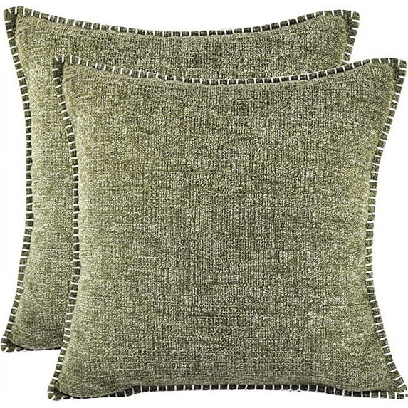Soft Chenille Textured Pillow Covers Stitched Edge Set of 2 (18 x 18 inch, Olive Green) / Cozy Cushion Covers / Modern Square Pillow Cases / Decorative Luxury Farmhouse Gray Pillow Covers