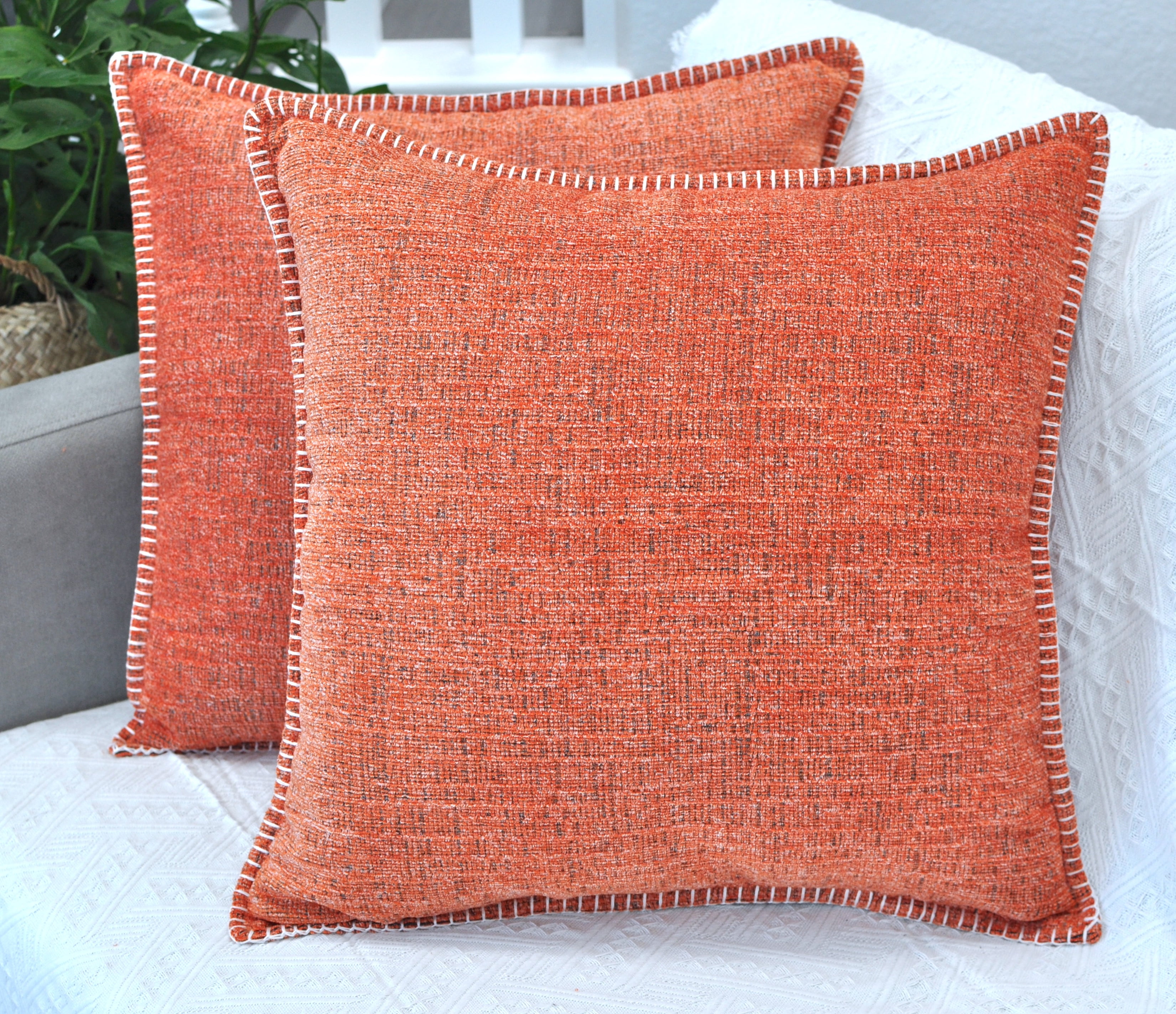 24x24 Orange Chenille Throw Pillow Covers Set of 2 with Piped Edges