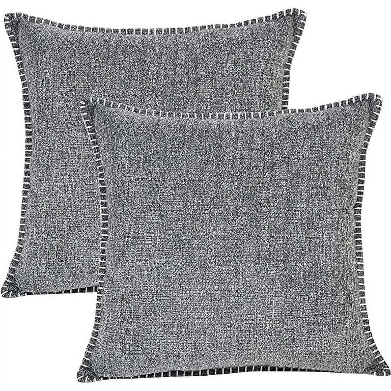 Farmhouse Textured Small Lumbar Chair Pillow Covers with Stitched Edges 12  x 20 inch Heather Dark Grey Set of 2/ Velvet Soft Chenille Cushion Covers