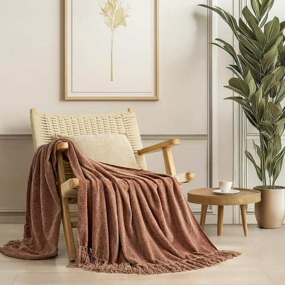 Soft Chenille Throw Blanket for Couch, Cozy Plush Fuzzy Decorative Chenille Knit Throw Blanket with Tassels, Lightweight Blanket and Throws for Bed Sofa Gift Home Decor, Clay 50"x60"