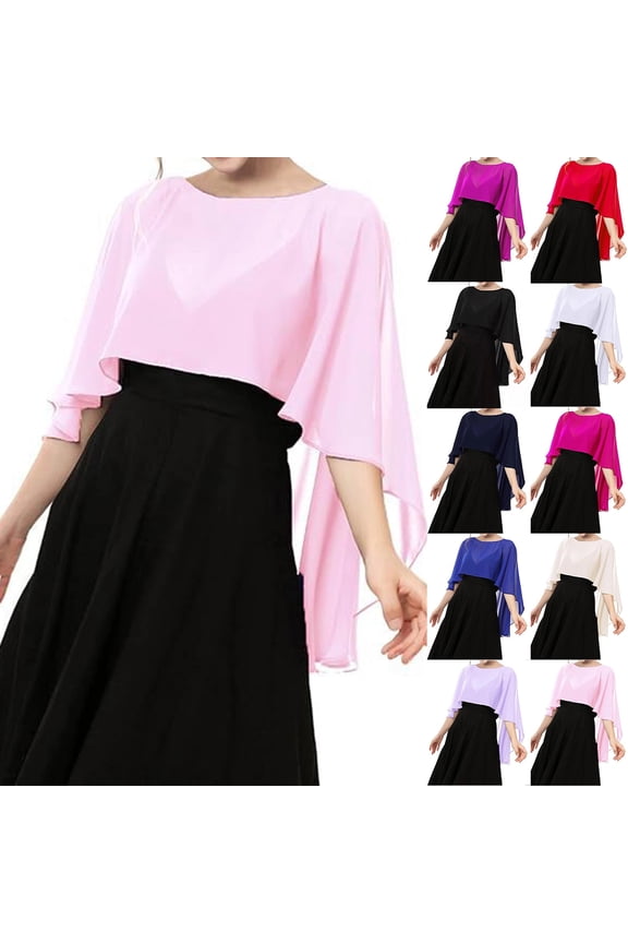 Soft Chiffon Capelets for Women Sheer Shawls and Wraps for Evening Dresses Wedding Bridesmaid Elegant Dressy Cover Up, #01 Pink, One Size