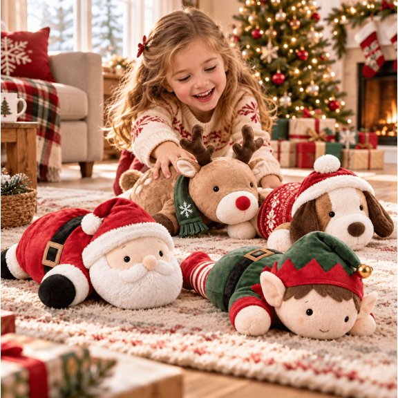 Soft Christmas Stuffed Animal, Lying Flat Plush Toy with PP Cotton, Festive Holiday Decor Gift with Santa Elf Reindeer Dog, 18cm, Polyester, 1pc