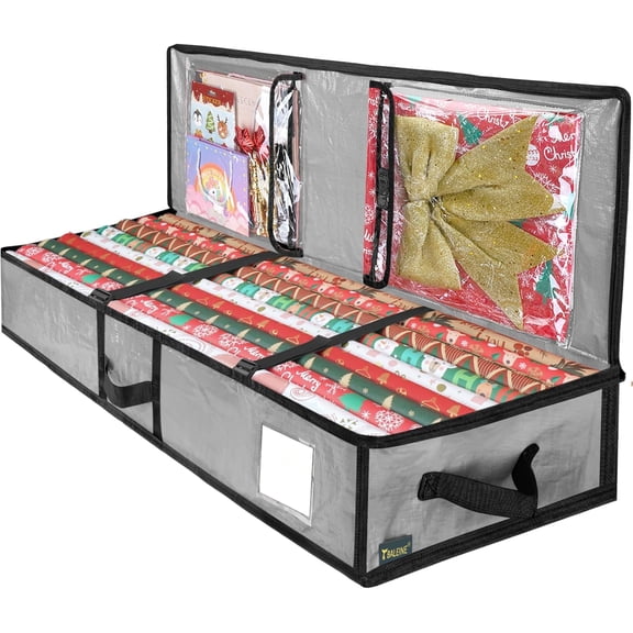 Soft Christmas Wrapping Paper Storage Bag, 40" Durable PE Gift Wrap Bag with Flexible Partitions and Pockets for Ribbon, Accessories (Grey)