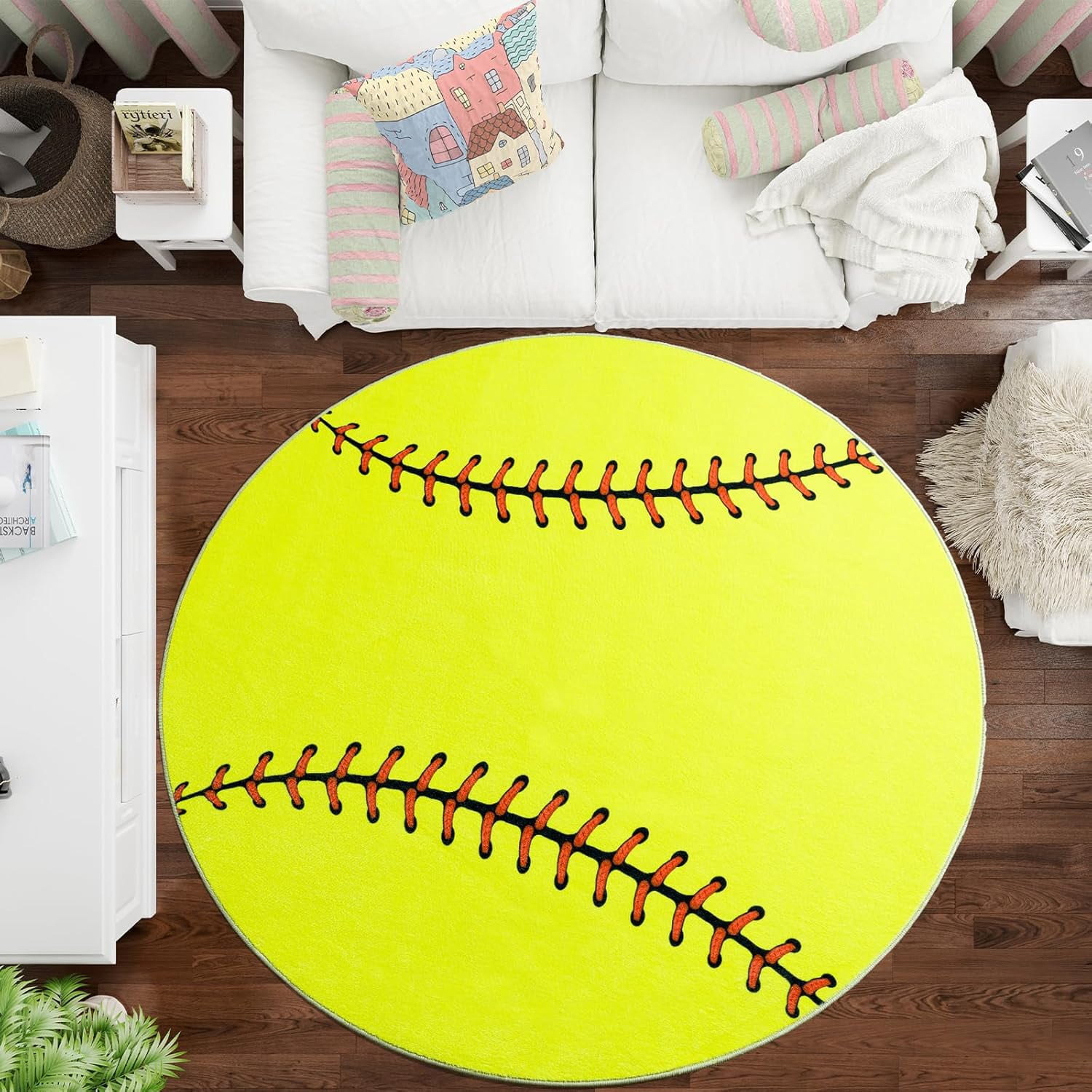 Softball Rug Soft Circle Softball Rug, Cute Shag Bedside Area Rug for Kids Teens ...