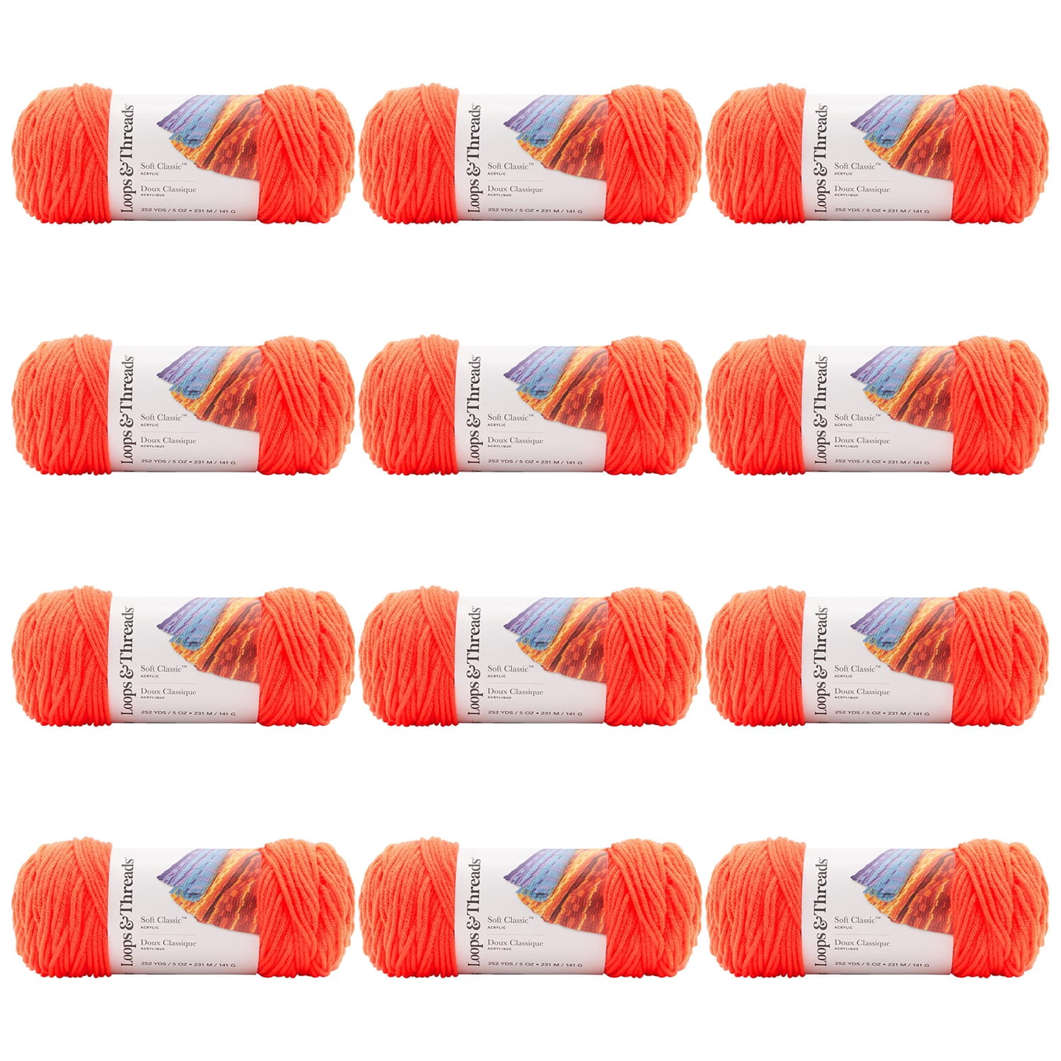 Loops & Threads Soft Classic Neon Yarn - Neon Yarn for Knitting, Crochet, Weaving, Arts & Crafts - Neon Orange, Bulk 12 Pack