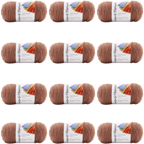 Loops & Threads Soft Classic Solid Yarn - Solid Color Yarn for Knitting, Crochet, Weaving, Arts & Crafts - Coffee, Bulk 12 Pack