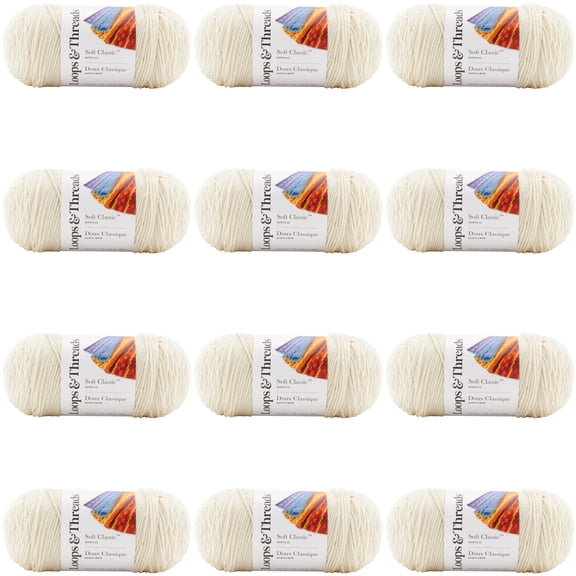 Loops & Threads Soft Classic Solid Yarn - Solid Color Yarn for Knitting, Crochet, Weaving, Arts & Crafts - Off White, Bulk 12 Pack